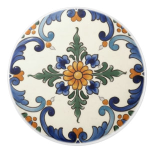 Bouton De Porte En Céramique Ferme Fleur Populaire Méditerranéen Bleu Orange
