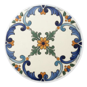 Bouton De Porte En Céramique Ferme Fleur Populaire Méditerranéenne Bleu Orange