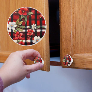 Bouton De Porte En Céramique Ferme Florale Rouge Noir Blanc