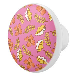 Bouton De Porte En Céramique Feuilles d'automne en chute chaude avec fleurs