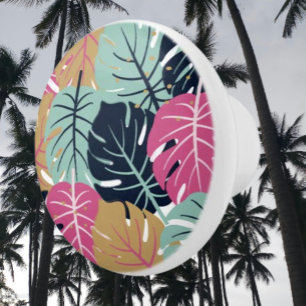 Bouton De Porte En Céramique Feuilles de Palmier Tropical en Rose et Bleu Bou