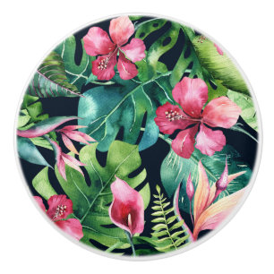 Bouton De Porte En Céramique Feuilles de palmier tropical foncé Hibiscus floral