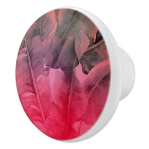 Bouton De Porte En Céramique Feuilles de palmier tropicales roses lumineuses d'
