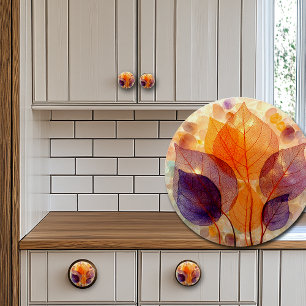 Bouton De Porte En Céramique Feuilles élégantes d'automne violet orange jaune