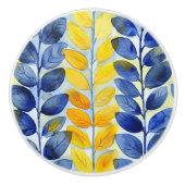 Bouton De Porte En Céramique Feuilles jaune et bleu (Devant)