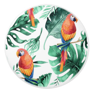 Bouton De Porte En Céramique Feuilles Tropicales Vertes & Île d'Été des Perroqu