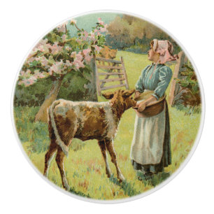 Bouton De Porte En Céramique Fille de ferme campagnarde de style vintage nourri