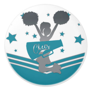 Bouton De Porte En Céramique Filles de Cheer-leading Étoiles Sarcelle et Argent