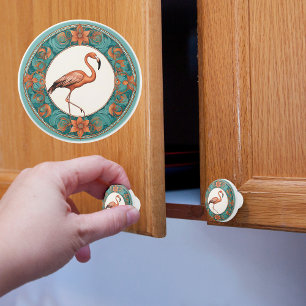 Bouton De Porte En Céramique Flamant dans un cadre floral circulaire turquoise