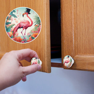 Bouton De Porte En Céramique Flamant rose Avec Chapeau Haut