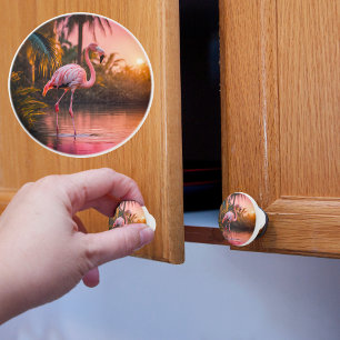 Bouton De Porte En Céramique Flamant Rose Coucher de Soleil Tropical