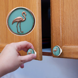 Bouton De Porte En Céramique Flamant Rose Cuivre et Turquoise
