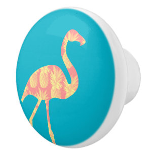 Bouton De Porte En Céramique Flamant rose en céramique rose et jaune ananas
