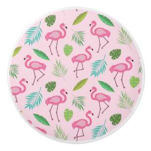 Bouton De Porte En Céramique Flamant Rose Personnalisé avec Feuilles Tropicales