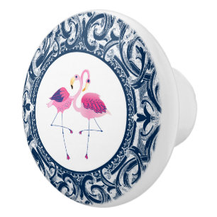 Bouton De Porte En Céramique Flamant rose rose avec perles blanches et bleues