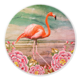 Bouton De Porte En Céramique Flamant rose tropical sur la plage avec fleurs ros
