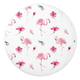 Bouton De Porte En Céramique Flamingo Tropiques Été Île Chic Hibiscus Rose