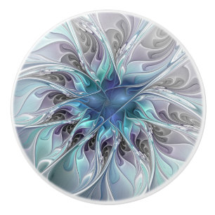 Bouton De Porte En Céramique Fleur Abstraite Fractale Moderne Avec Bleu