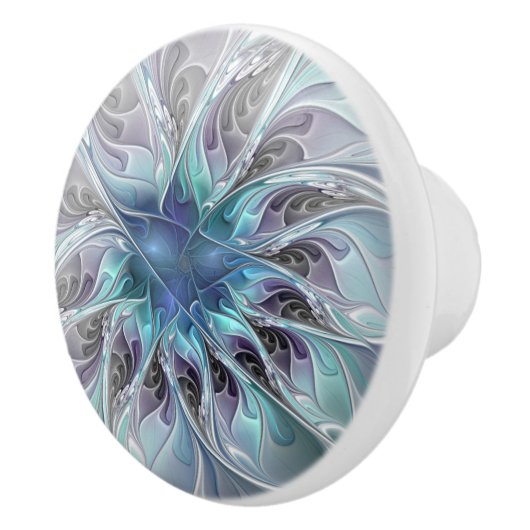 Bouton De Porte En Céramique Fleur Abstraite Fractale Moderne Avec Bleu (Droite)