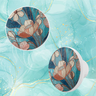 Bouton De Porte En Céramique Fleur Bleue Teinte de Tilleul