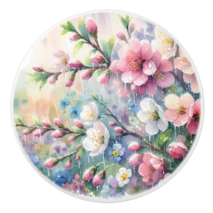 Bouton De Porte En Céramique Fleur d'aquarelle Cottagecore sous la pluie printa