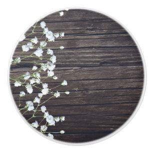 Bouton De Porte En Céramique Fleur de Baby's Breath et bois rustique foncé