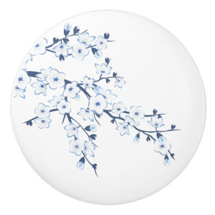 Bouton De Porte En Céramique Fleur de cerisier bleu blanc