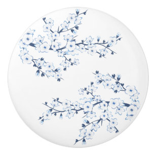 Bouton De Porte En Céramique Fleur de cerisier bleu blanc