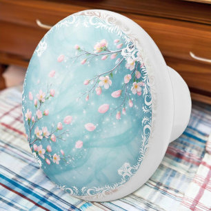 Bouton De Porte En Céramique Fleur de cerisier rose turquoise élégante