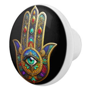 Bouton De Porte En Céramique Fleur de couleur de paon Pétales de Hamsa Vert Tro