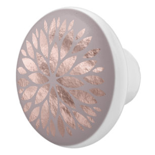 Bouton De Porte En Céramique Fleur de dahlia scintillante en or rose sur lavand