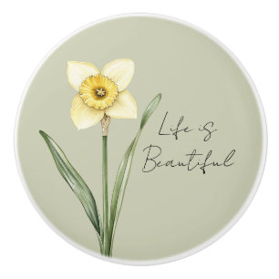 Bouton De Porte En Céramique Fleur de jonquille verte blanche jaune