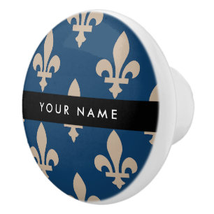 Bouton De Porte En Céramique Fleur de Lis, Beige sur Bleu Nuit, Royal, Votre No