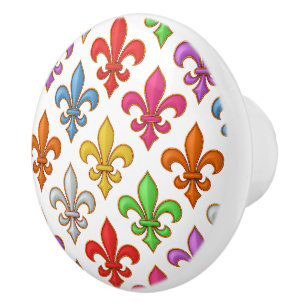 Bouton De Porte En Céramique Fleur-de-lis Fleurs Blancs Audacieux Colorés