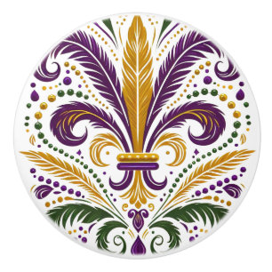 Bouton De Porte En Céramique Fleur de lis jaune et vert violet