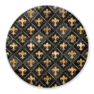 Bouton De Porte En Céramique Fleur de lis motif Marbre noir et or