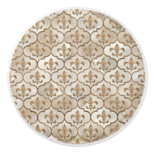 Bouton De Porte En Céramique Fleur de lis motif perle et or