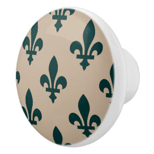 Bouton De Porte En Céramique Fleur de Lis Motif, Royal French Green on Cream