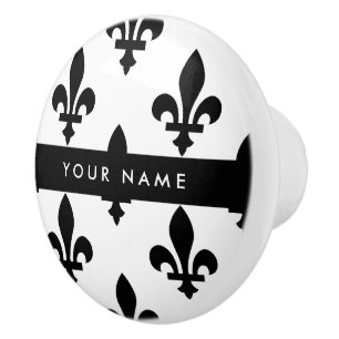 Bouton De Porte En Céramique Fleur de Lis, Noir sur Blanc, Noir, Votre Nom