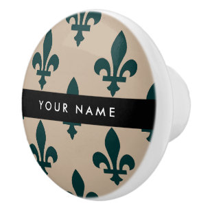 Bouton De Porte En Céramique Fleur de Lis, Vert sur Beige, Royal, Votre Nom