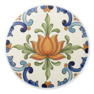 Bouton De Porte En Céramique Fleur de Lotus Crème Bleue Méditerranéenne