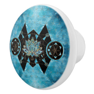 Bouton De Porte En Céramique Fleur de lotus - Géométrie sacrée - Crystal Bleu