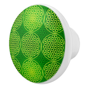 Bouton De Porte En Céramique Fleur de vie - motif de timbre - vert