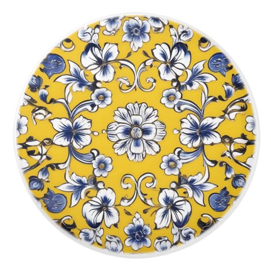 Bouton De Porte En Céramique Fleur jaune, Bleu et Blanc Céramique personnalisée (Devant)