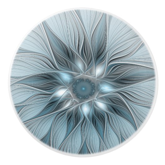 Bouton De Porte En Céramique Fleur Joyeuse Abstrait gris bleu floral Fractal (Devant)