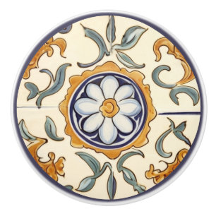 Bouton De Porte En Céramique Fleur marguerite Méditerranée Crème bleue Floral