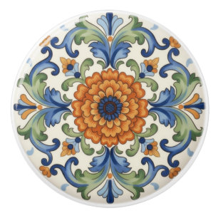 Bouton De Porte En Céramique Fleur Ornée Bleue Orange Verte Florale