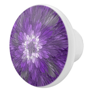 Bouton De Porte En Céramique Fleur psychédélique violette Abstraite Fractal Art