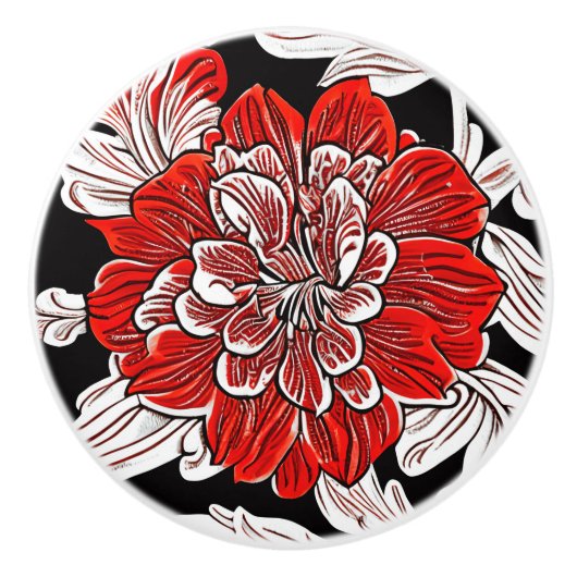 Bouton De Porte En Céramique Fleur rouge noir et blanc Art Nouveau (Devant)