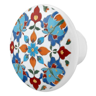Bouton De Porte En Céramique Fleur turque Iznik Rouge Orange Bleu Blanc Floral
